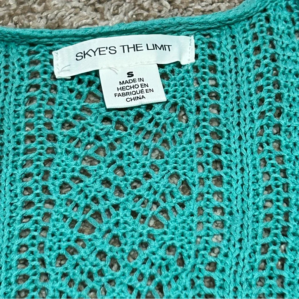 Skye’s The Limit Teal Cardigan Open Front Crochet